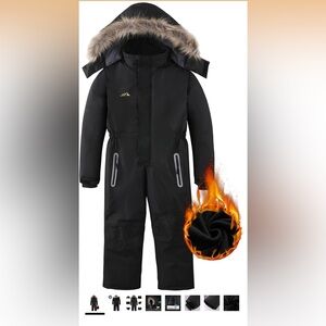 Afilok Kids Snowsuit 10-12 Black Insulated Hooded Faux Fur Winter  Ski Suit